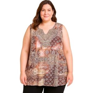 Catherines 3X Sleeveless Embellished Top Boho Baroque Paisley Gold Rhinestone